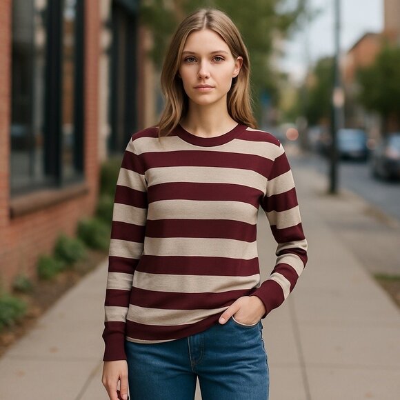 GAP Tops - Gap Womens Medium Long Sleeve Burgundy & Cream Striped Shirt Athleisure Preppy